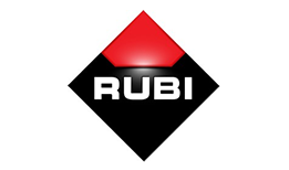 Un logotipo negro y rojo para Rubi sobre un fondo blanco.