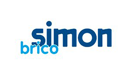 El logotipo de Simon Brico es azul y blanco sobre un fondo blanco.
