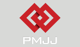 Un logotipo rojo y blanco para pmj sobre un fondo gris.