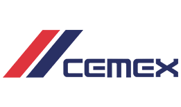 El logotipo de Cemex es azul y rojo con fondo blanco.