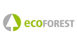 El logotipo de ecoforest es verde y gris con un círculo en el medio.