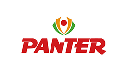 Un logo rojo y verde para pantera con un ojo en el medio.