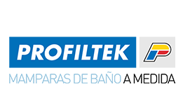 A blue and white logo for profiltek mamparas de bano a medida