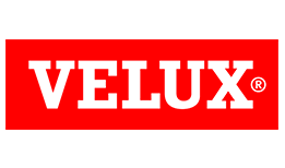 Un logotipo Velux rojo y blanco sobre un fondo blanco.