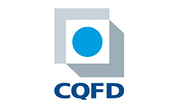 Un logotipo para cqfd con un círculo azul en el medio.