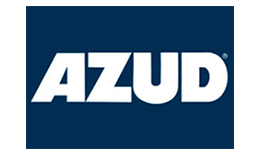 Un logotipo azud azul y blanco sobre un fondo blanco.