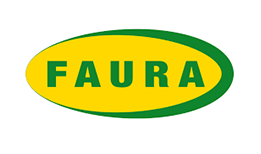 Un logotipo amarillo y verde para Faura sobre un fondo blanco.