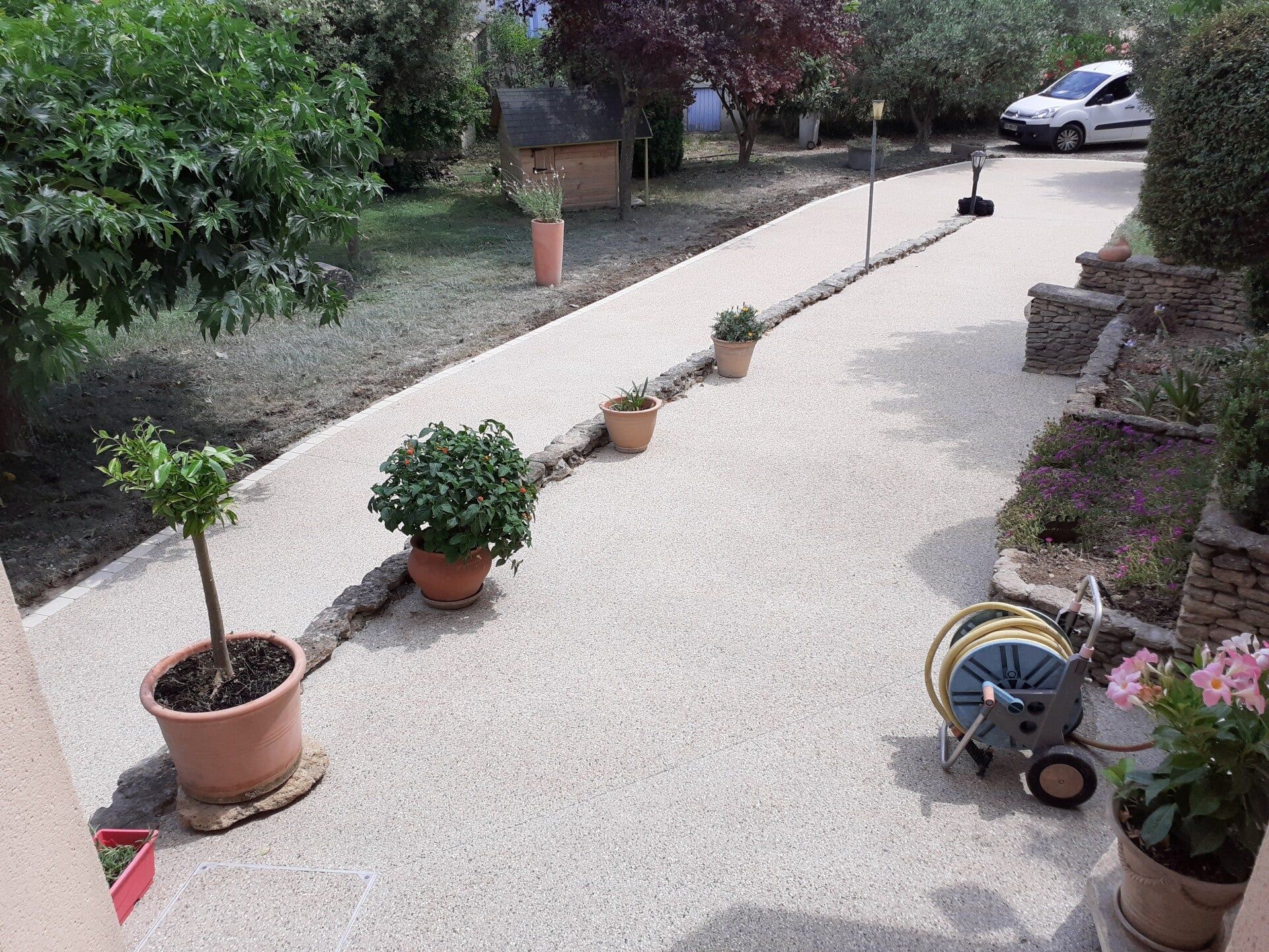 Une terrasse blanche avec des plantes en pot