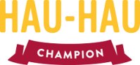 Hau-Hau Champion -logo keltaisena ja punaisella nauhabannerilla