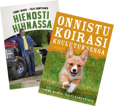 Kaksi suomalaista koirankoulutuskirjan kantta, toisessa mies ja koira, toisessa corgi ruohikolla.