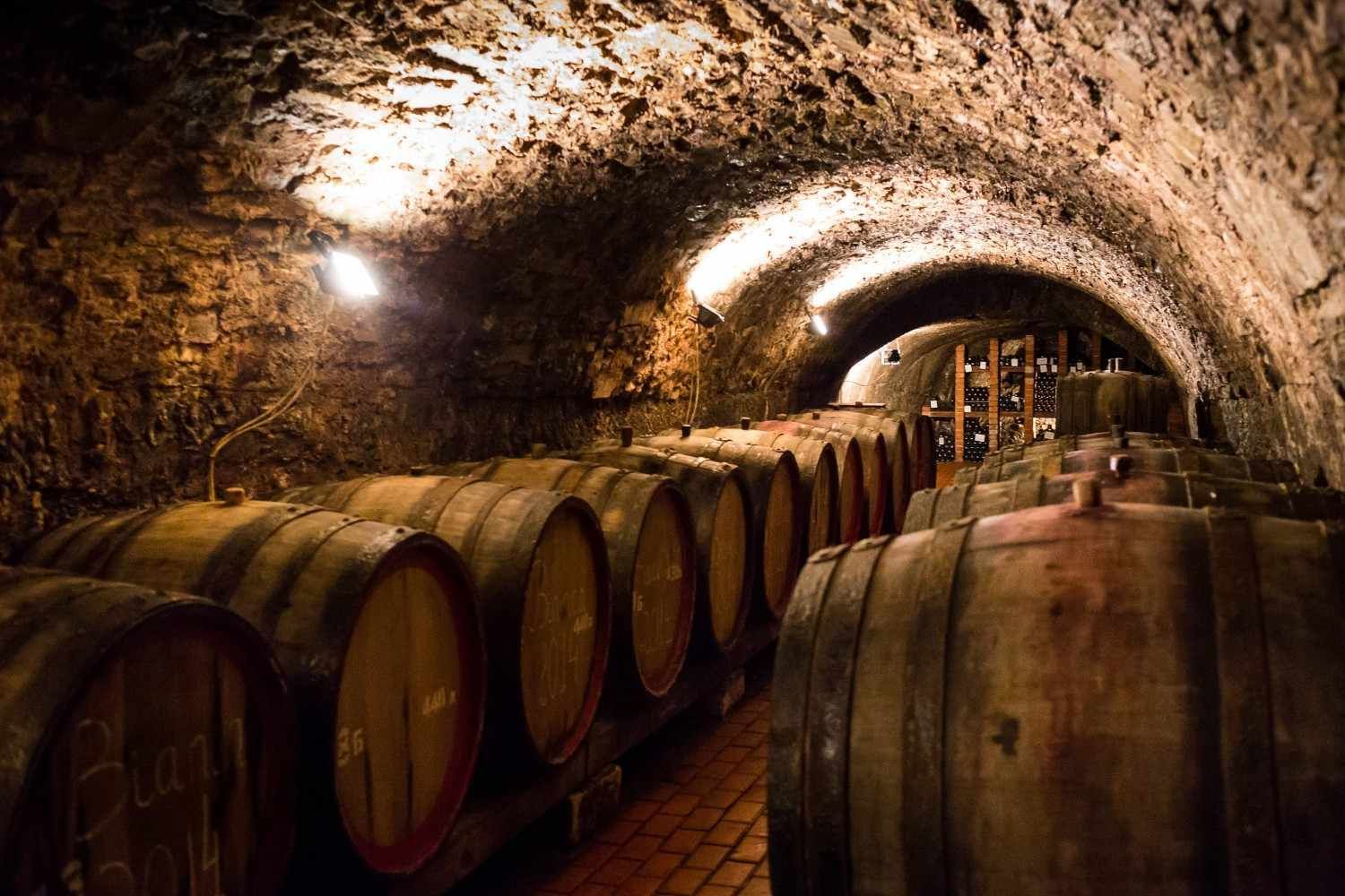 Barricas de vino en una bodega de piedra abovedada con iluminación cálida.
