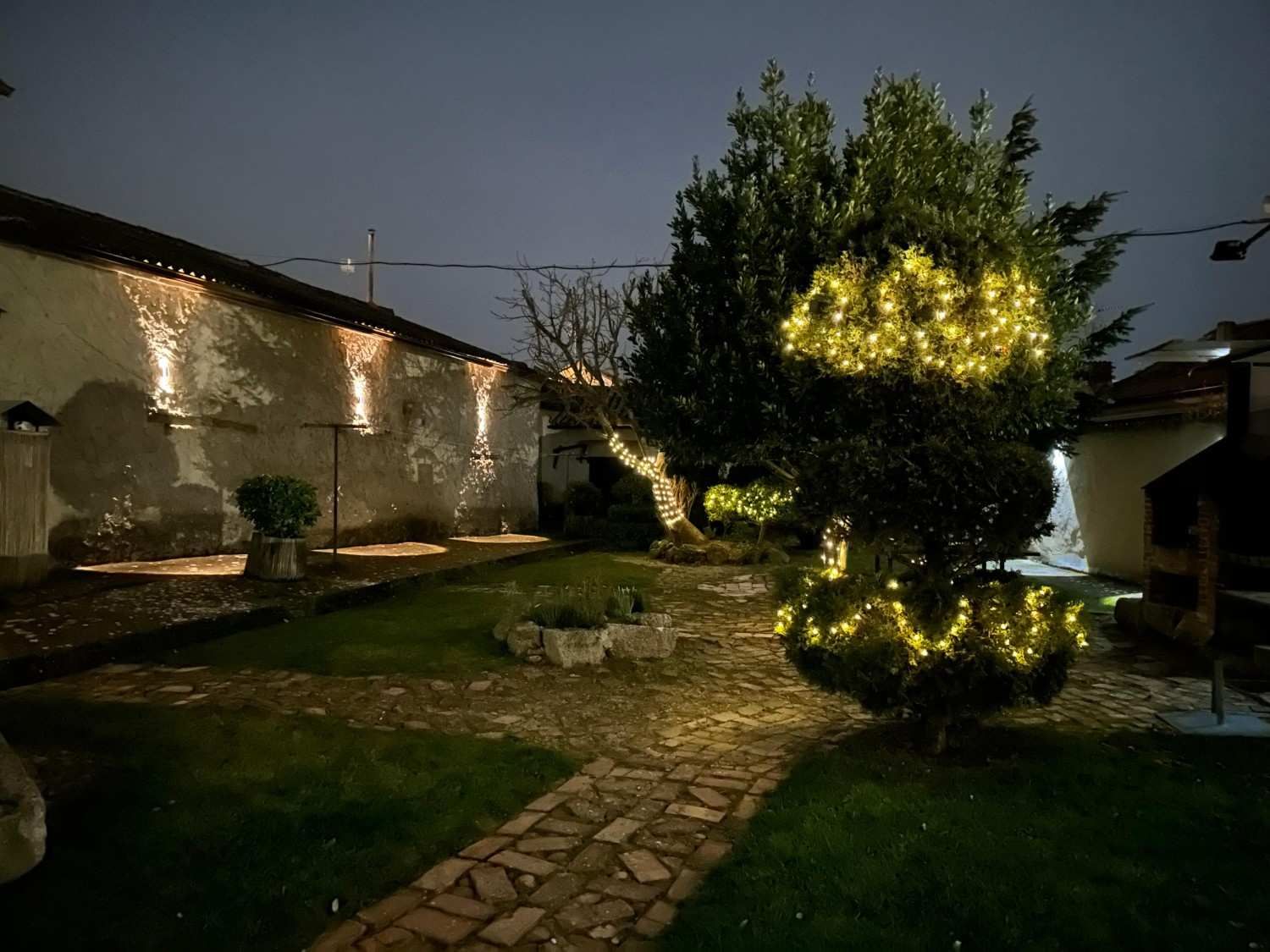 Patio nocturno con árboles iluminados, sendero de piedra y césped junto a edificios de estuco.