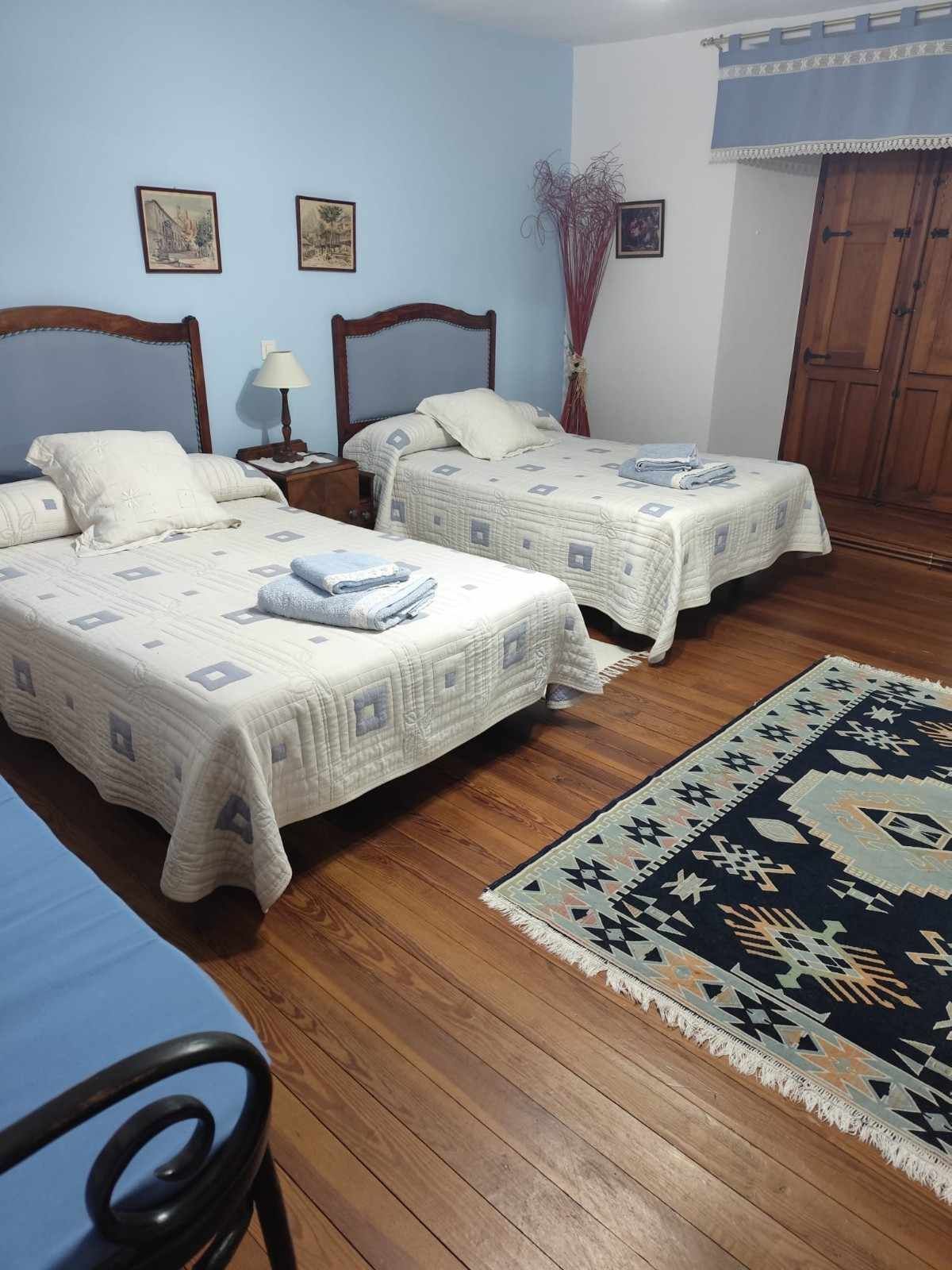 Habitación con dos camas individuales, suelo de madera, alfombra estampada y una lámpara entre los cabeceros.