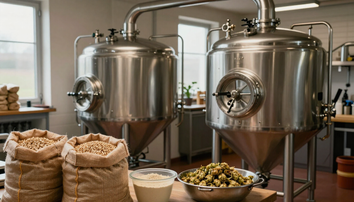 Deux cuves de fermentation en acier inoxydable dans une brasserie, avec des sacs de céréales et des bols d’ingrédients au premier plan