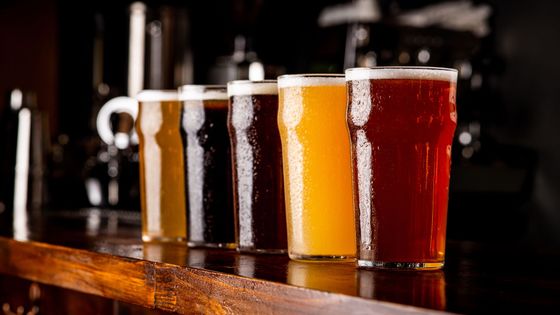 Quatre verres de bière artisanale sur un comptoir de bar, avec des bières ambrées, brunes et blondes.