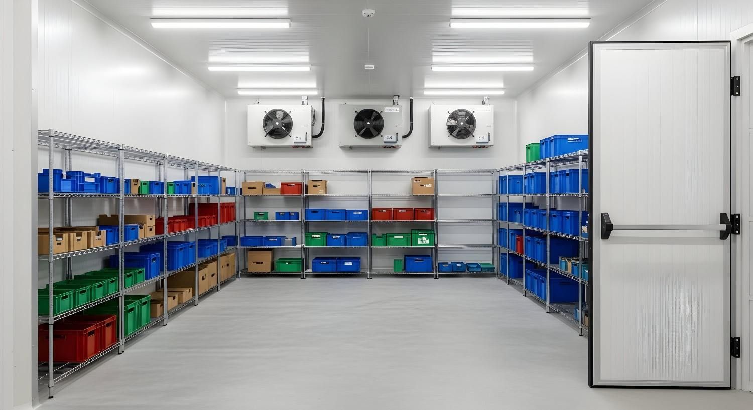 Cuarto de almacenamiento limpio con estantes metálicos para contenedores y un refrigerador grande.