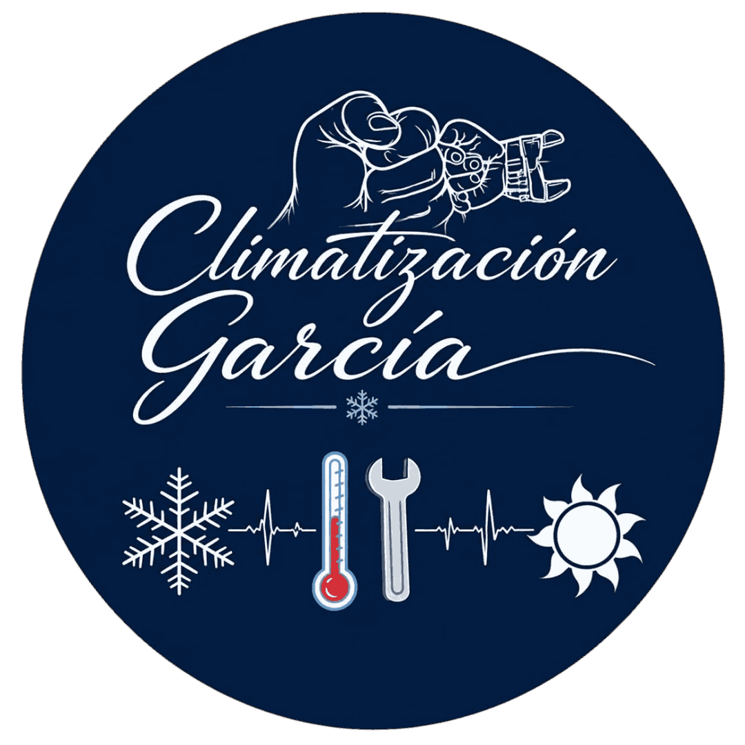 Logotipo circular azul marino de Climatizaci&oacute;n Garc&iacute;a con texto blanco, herramientas de climatizaci&oacute;n, term&oacute;metro, copo de nieve e iconos de sol.
