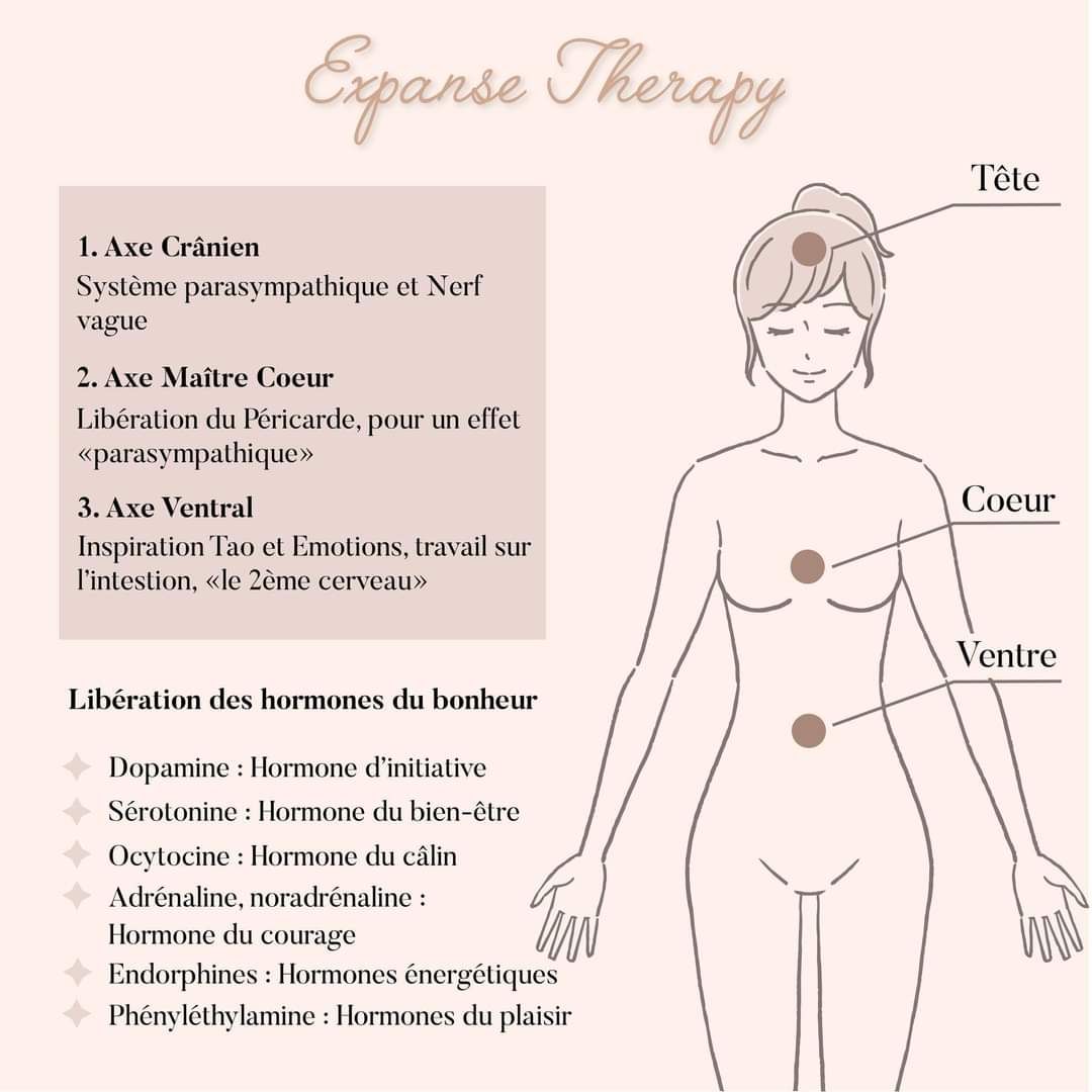 Schéma du corps d'une femme avec des points étiquetés, illustrant la « Thérapie de l'Expansion ». Le texte énumère les axes et les « hormones du bonheur ».