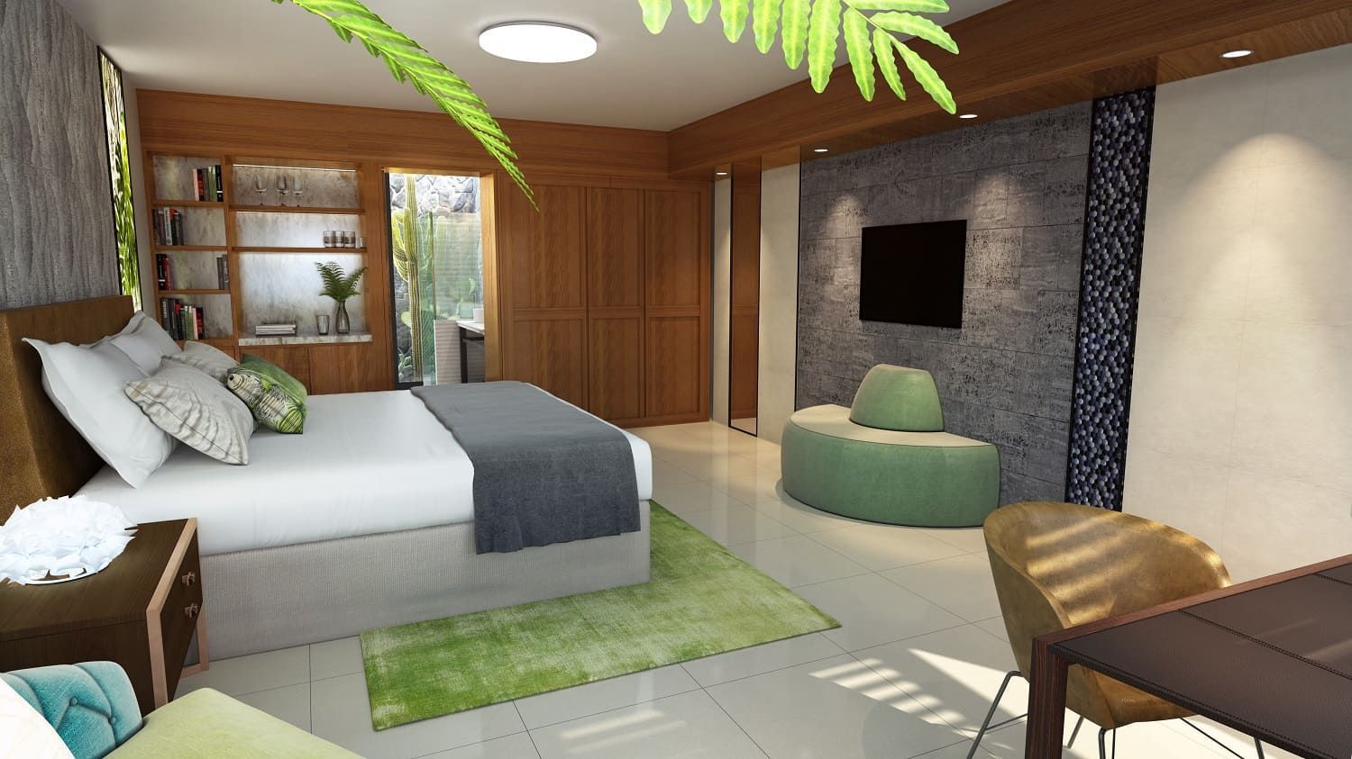 Un dormitorio con una cama king size y un televisor de pantalla plana.