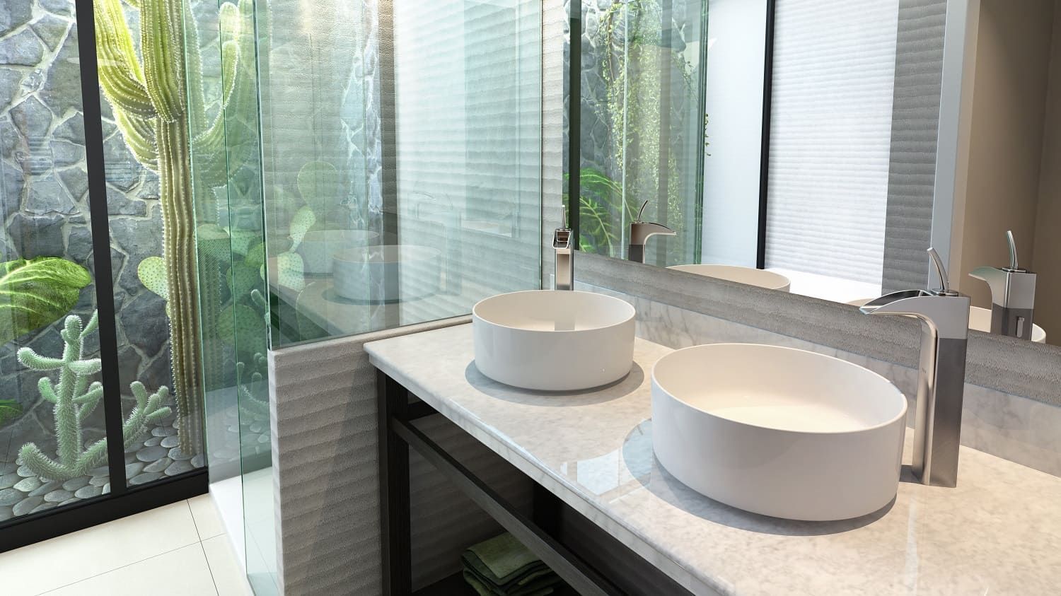 Un baño con dos lavabos, un espejo y una ducha a ras de suelo.