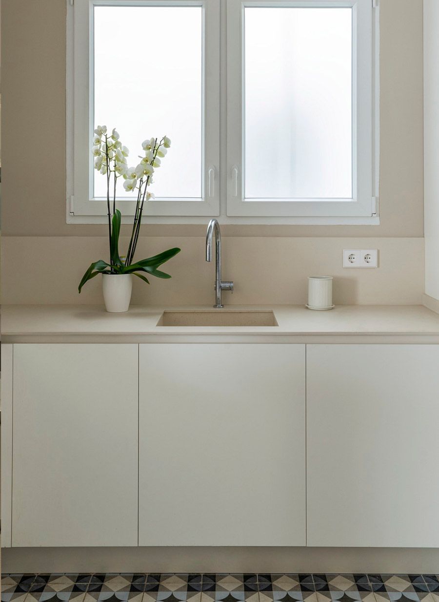 Un fregadero de cocina con una planta en maceta delante de una ventana.