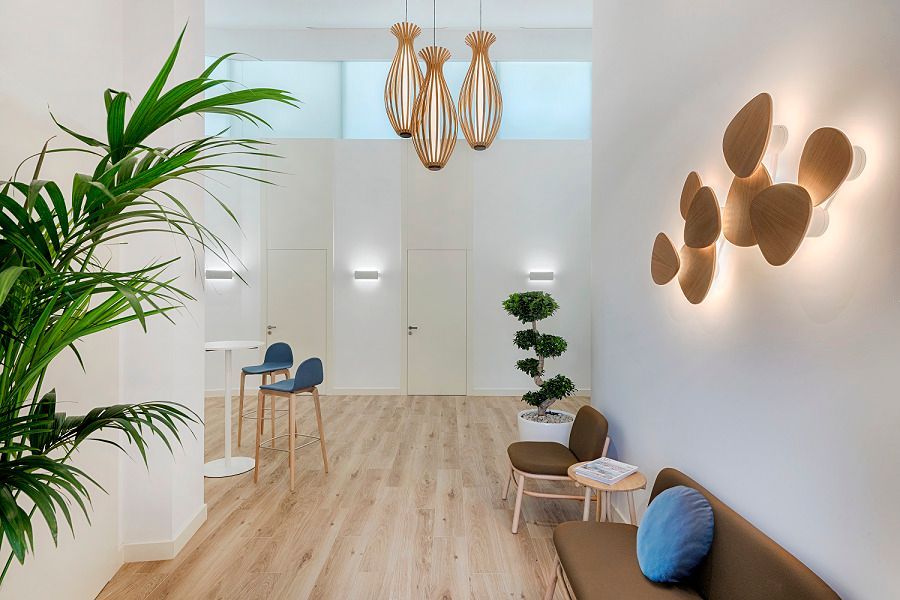 Una sala de espera con un sofá, sillas y una planta.