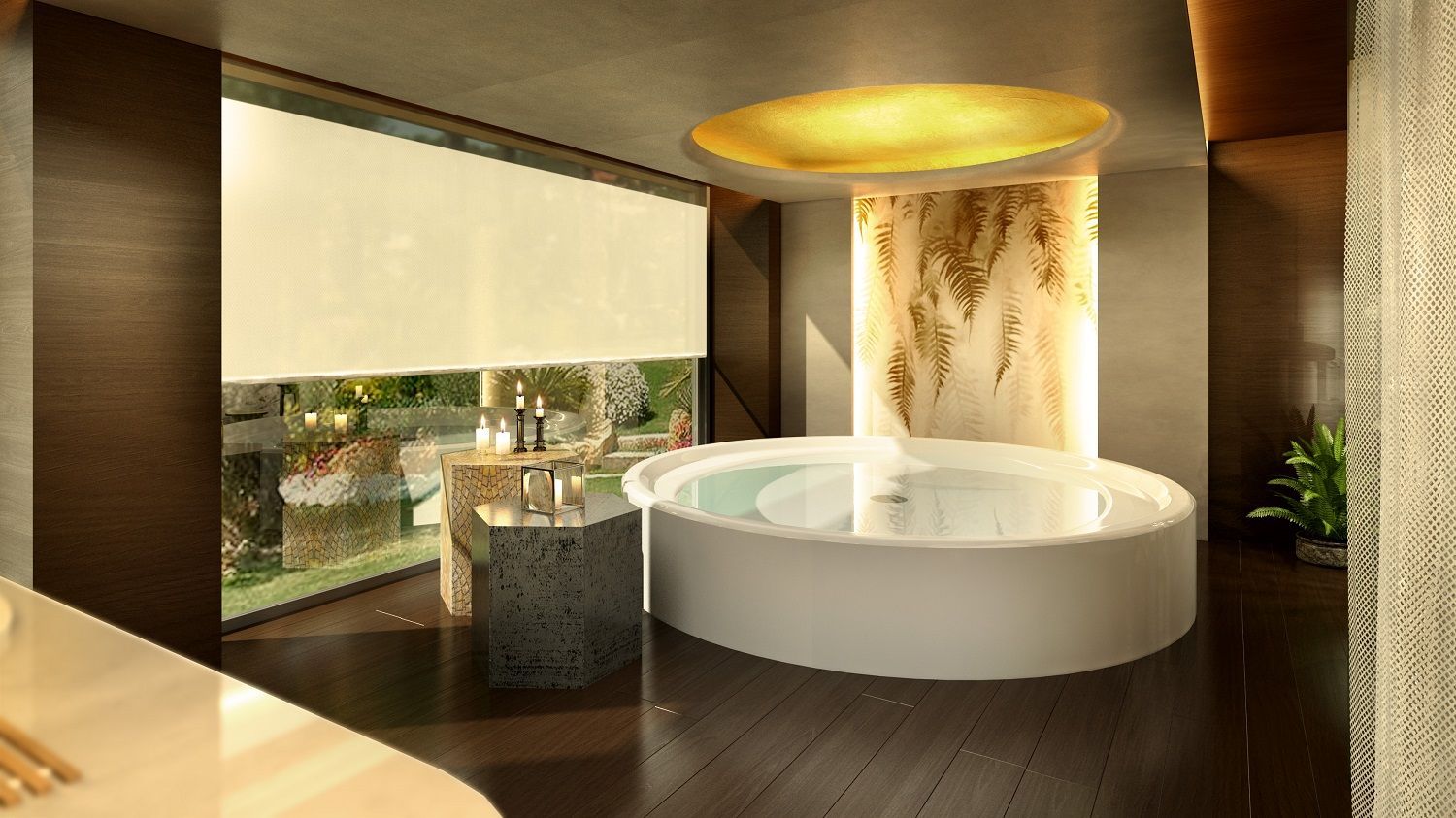 Un baño con bañera redonda y una gran ventana.