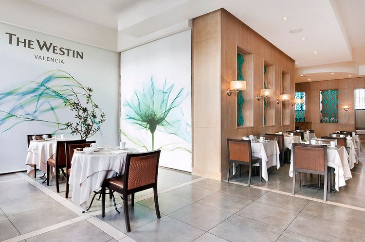 Un restaurante con mesas y sillas se llama westin