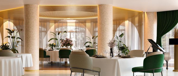 Una sala grande con mesas y sillas y un piano.