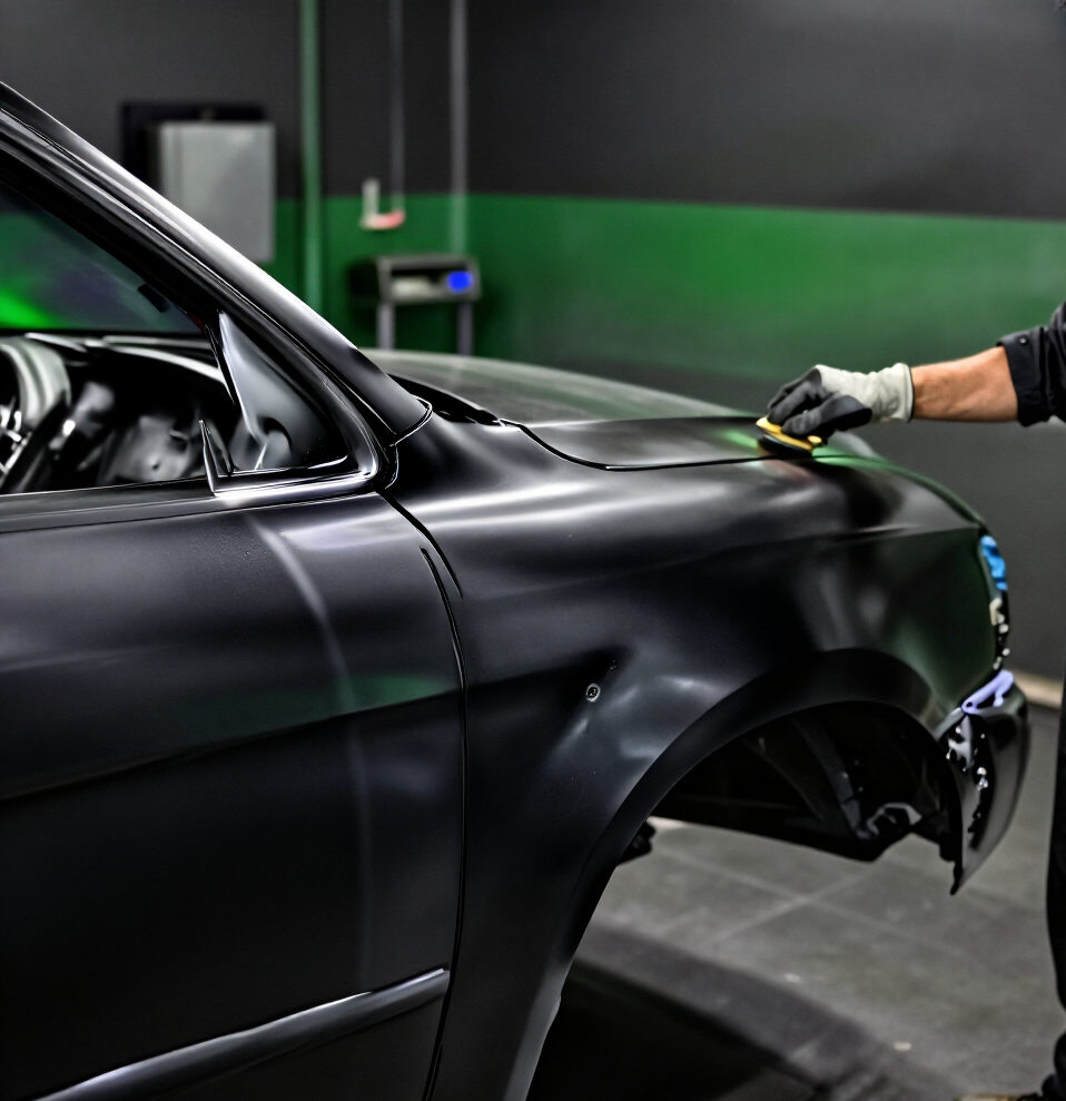 Una persona puliendo la carrocería de un coche negro en un taller, con un paño verde.