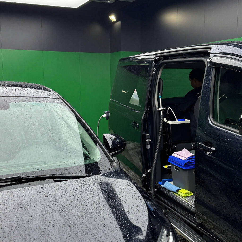 Vehículo negro con la puerta lateral abierta junto a un coche plateado mojado en un garaje, con productos de limpieza a la vista en el interior.