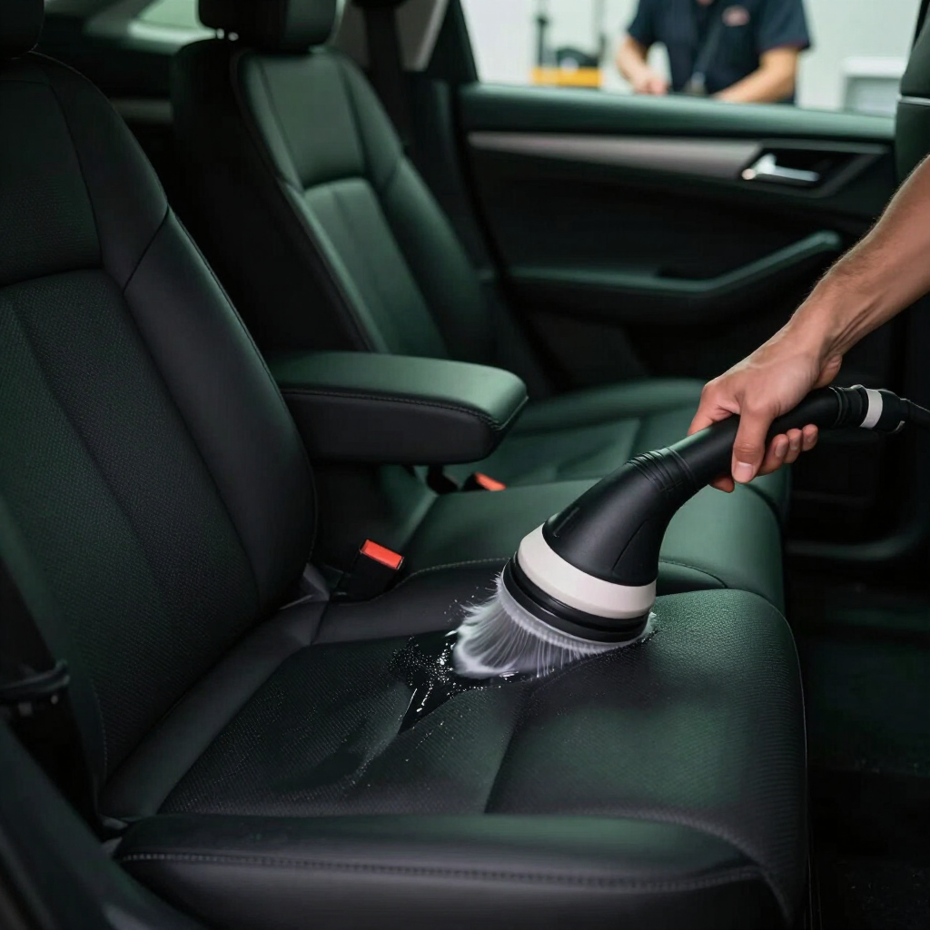 Aspiradora de mano limpiando el interior de un asiento de coche negro