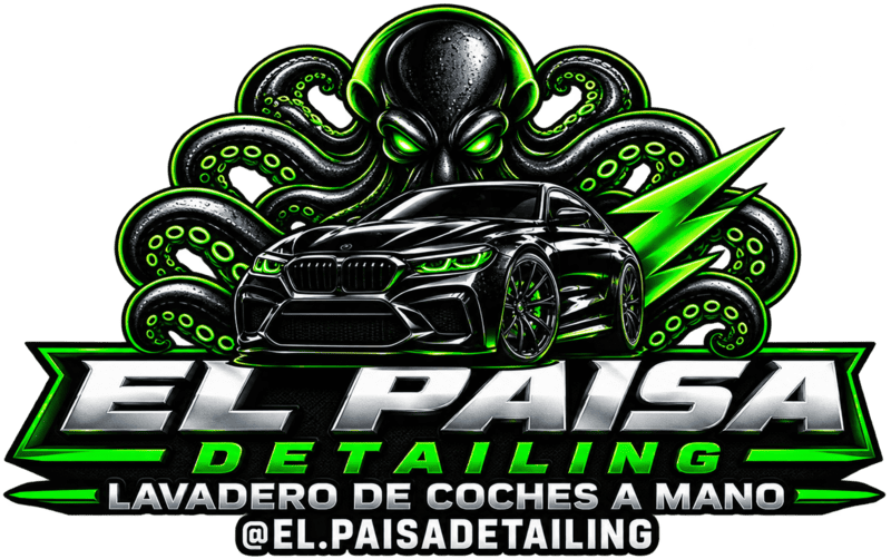 Logotipo verde y negro de un coche negro con un pulpo, con el texto «EL PAISA DETAILING» y «Lavadero de Coches a Mano»
