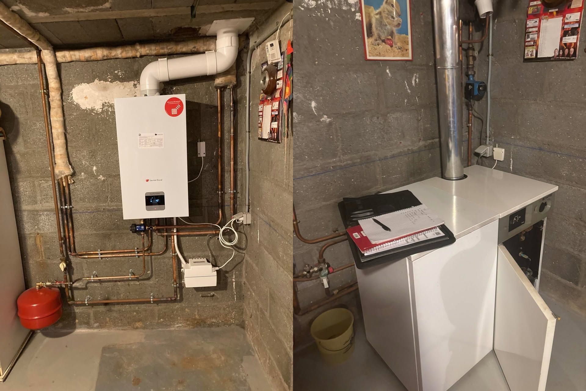 Sous-sol aménagé en local technique avec chaudière, adoucisseur, tuyaux de ventilation et murs en parpaings apparents.
