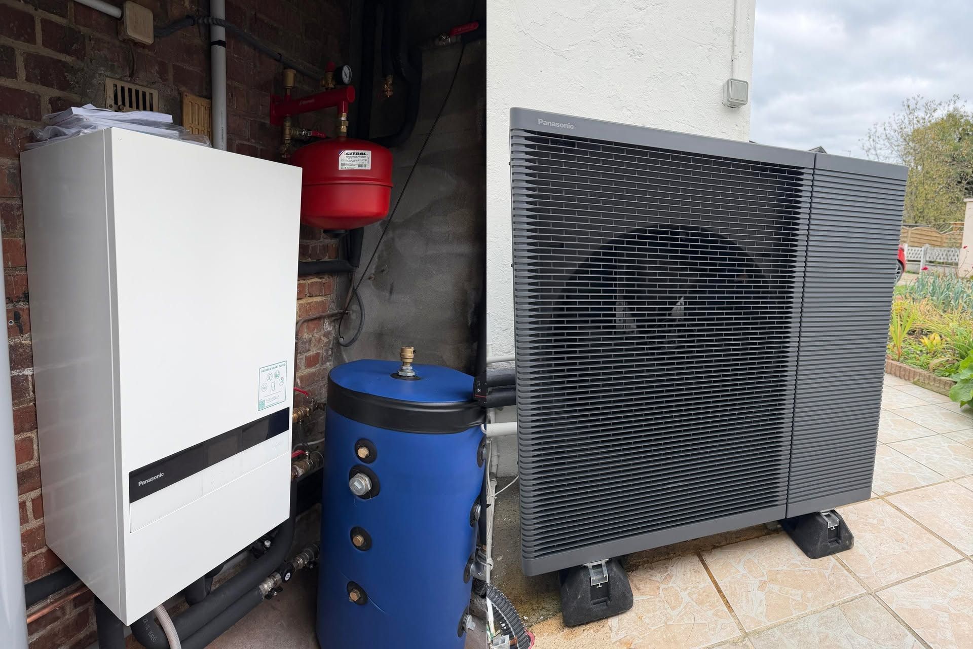 À gauche, une chaudière et un adoucisseur contre un mur en briques ; à droite, une unité extérieure de pompe à chaleur sur une terrasse en carrelage.