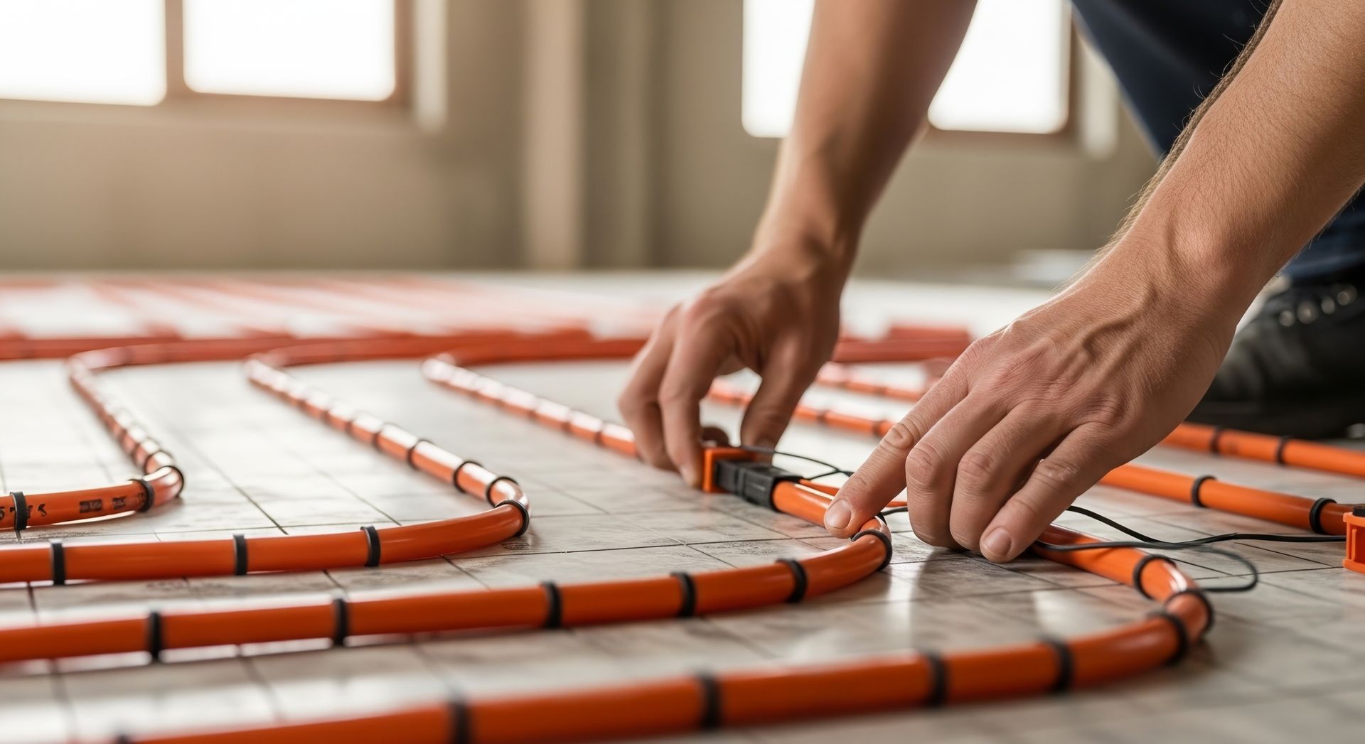 Des mains disposent des tubes orange en grille sur le sol lors de l'installation