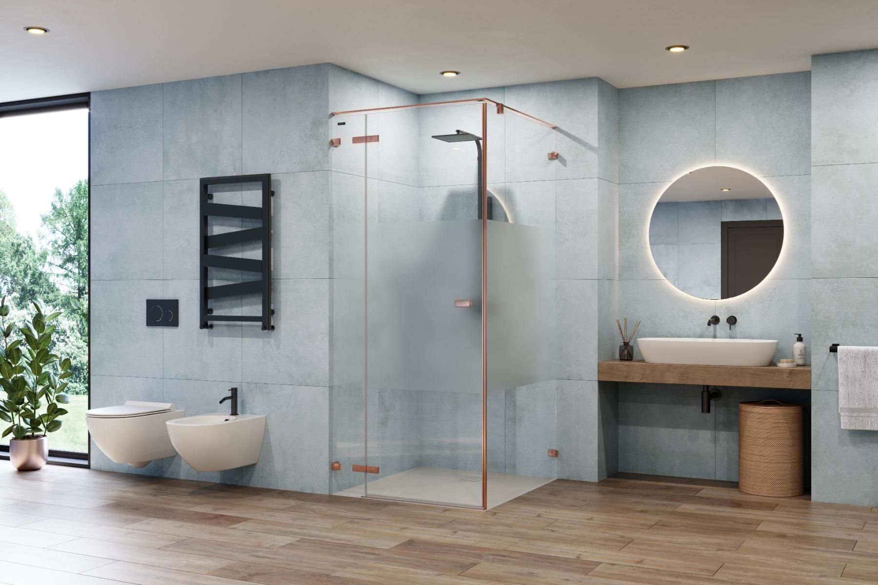AB Glasbau GmbH – Ebenerdige Dusche mit Glaswand, grauen Fliesen und Parkett