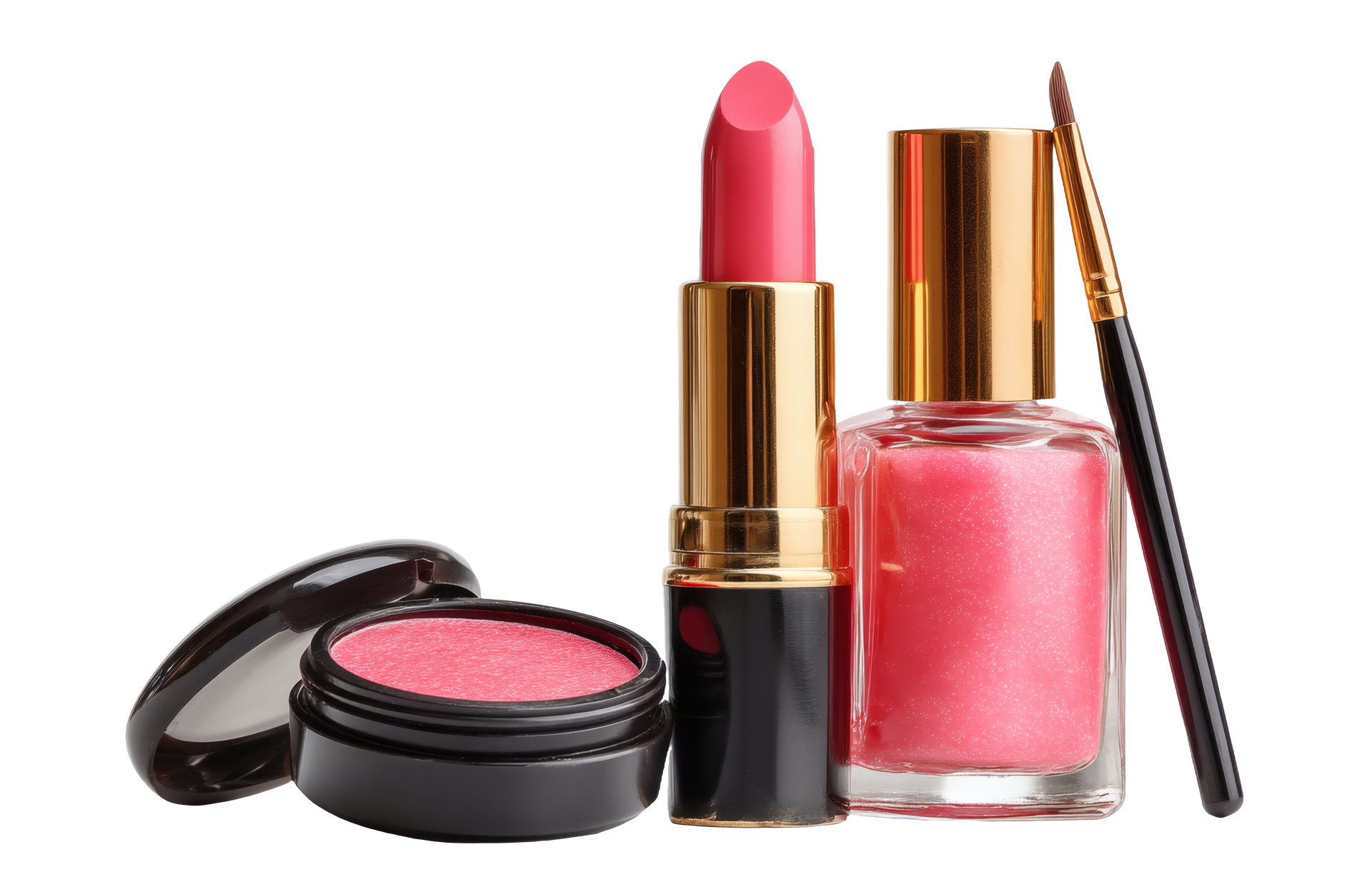 Rouge à lèvres rose, poudrier et vernis à ongles avec pinceau sur fond blanc