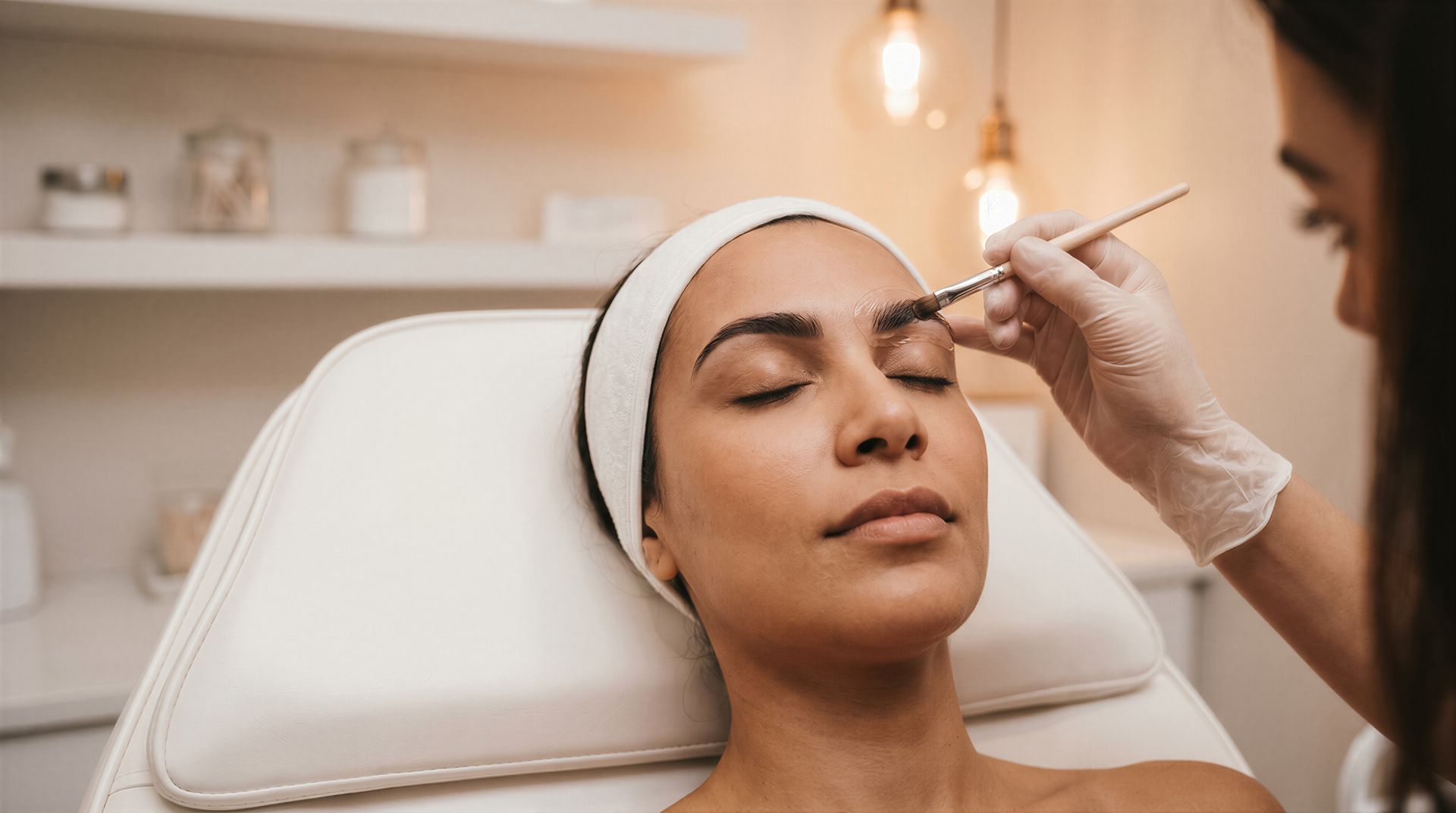 Une personne reçoit un soin des sourcils dans un spa, une technicienne appliquant le produit à l'aide d'un petit pinceau.