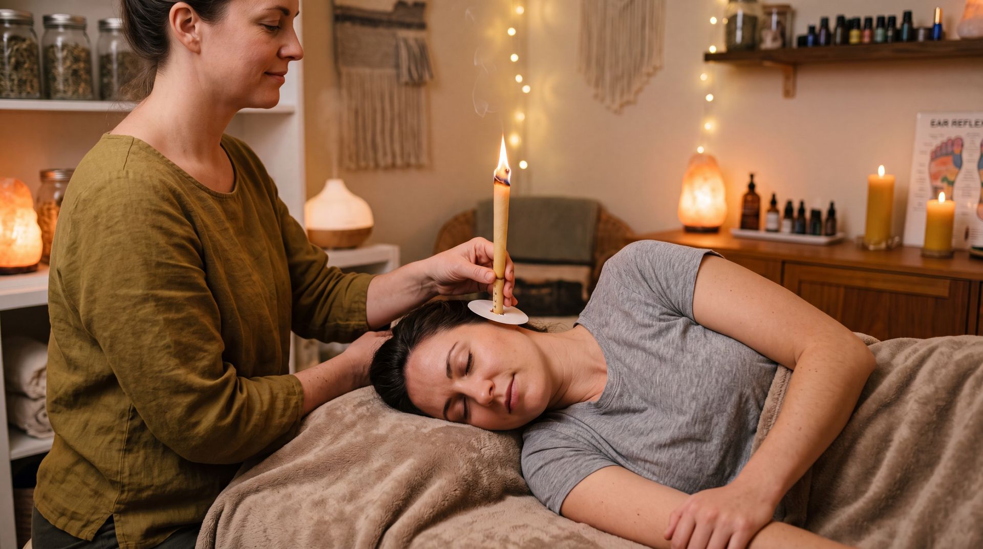 Une masseuse prodigue un soin spa aux chandelles à un client détendu, allongé sur une table de massage.