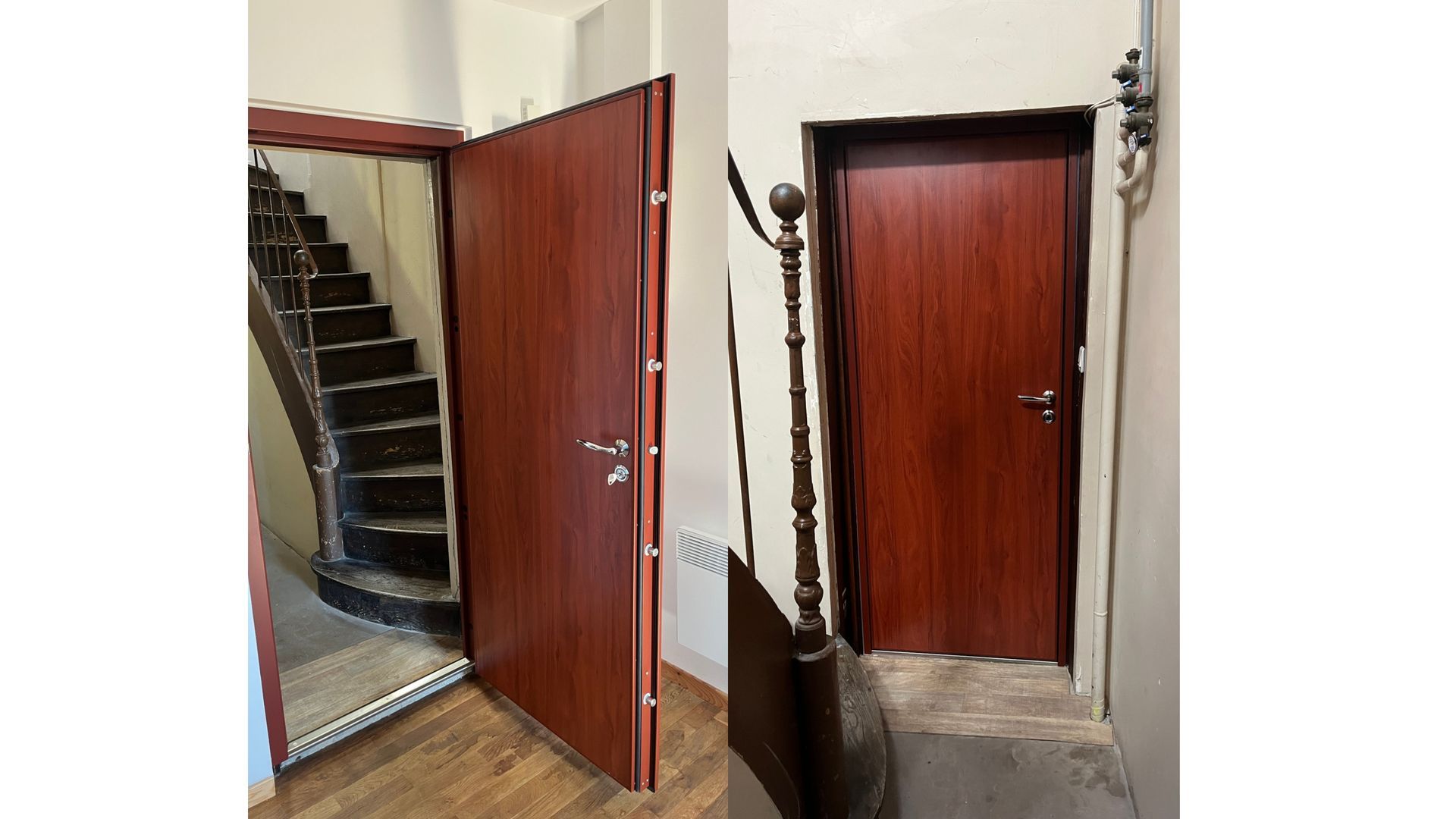 Deux vues d'une porte en bois située à côté d'un escalier dans un couloir intérieur étroit.