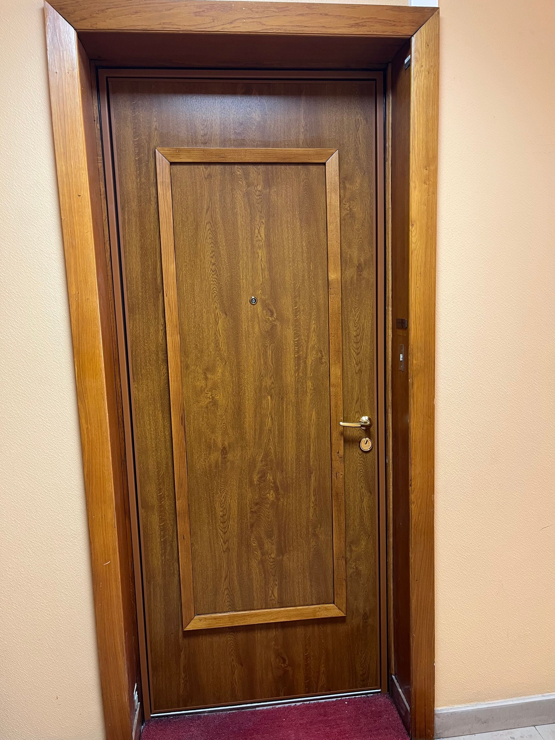 Porte en bois marron avec un panneau rectangulaire, dans un couloir aux murs orange et au tapis rouge.