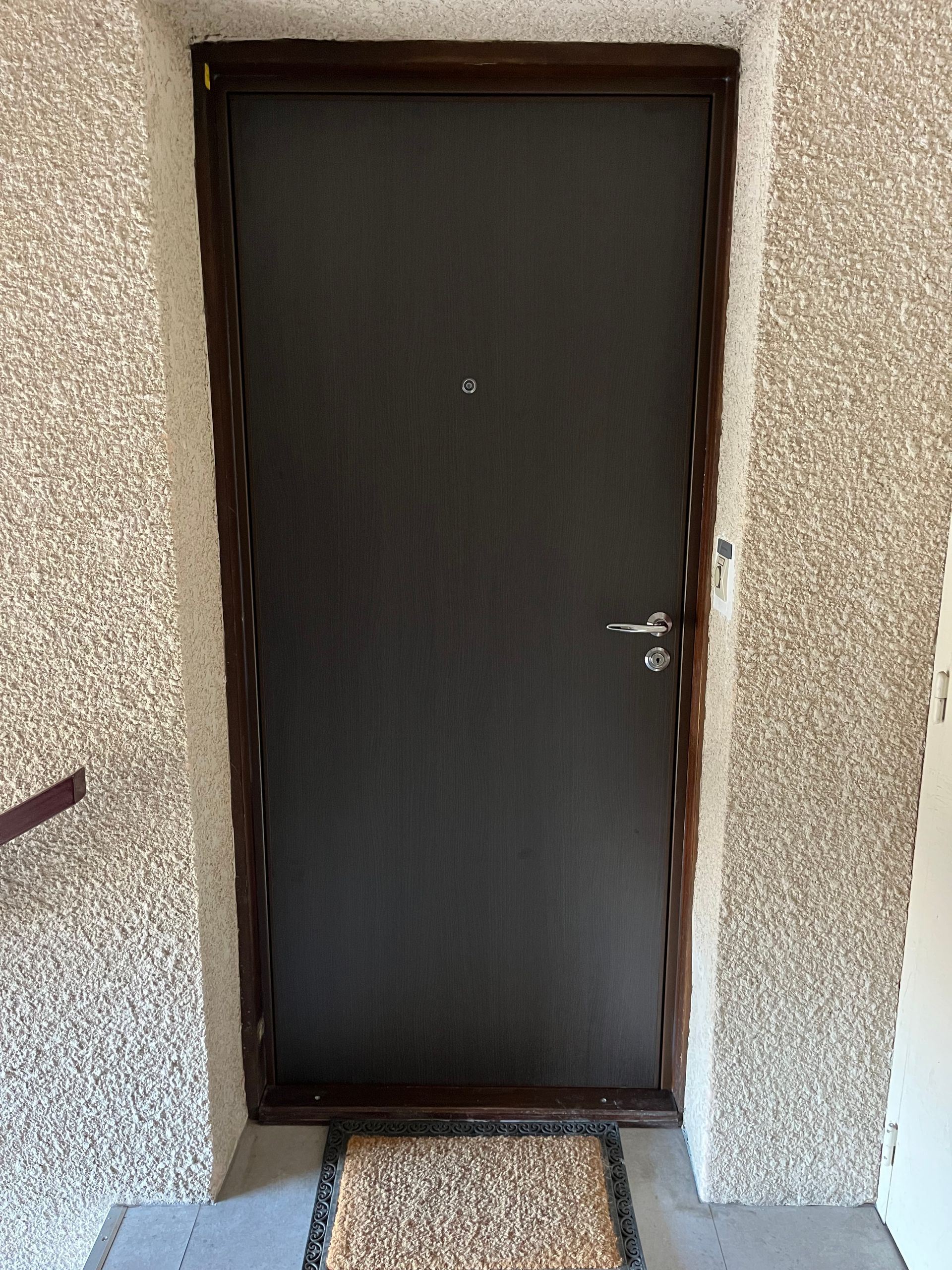 Porte d'entrée brun foncé avec judas et poignée, encastrée dans un mur moucheté.