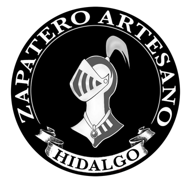 Logotipo en blanco y negro de Zapatero Artesano Hidalgo, con un casco de caballero y una cinta.