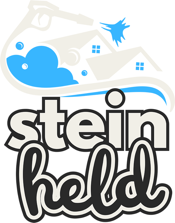 Steinheld Logo mit blauem Wasserspritzer, Haussymbolen und fetter schwarzer Schrift auf wei&szlig;em Hintergrund