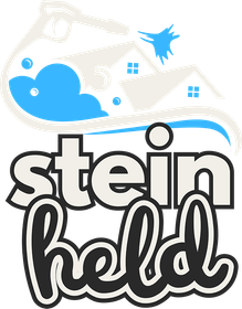 Steinheld Logo mit blauem Wasserspritzer, Haussymbolen und fetter schwarzer Schrift auf weißem Hintergrund