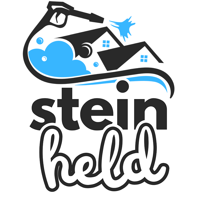 Stein hielt das Logo in der Hand, während ein blauer Hochdruckreiniger ein Haus besprühte.