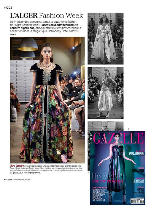 Semaine de la mode de L'Alger : Un mannequin en robe fleurie colorée et trois photos de mannequins en robes de l'événement.