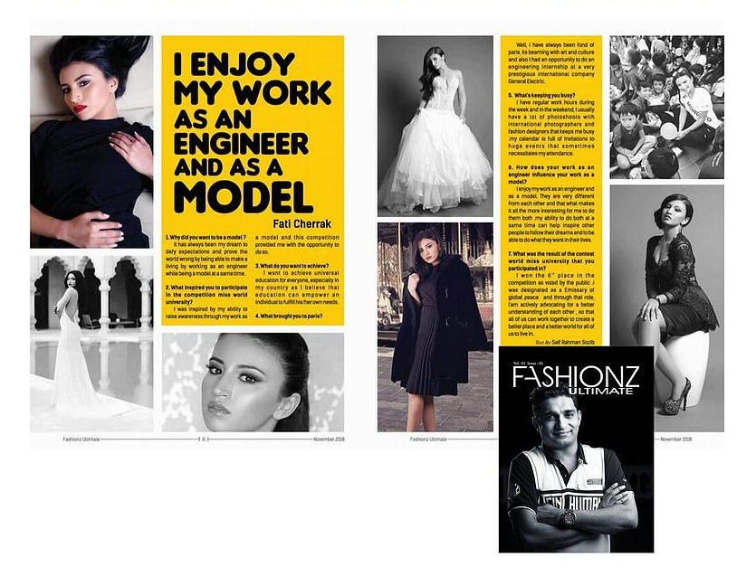 Double page de magazine avec des photos d'un mannequin et un texte sur sa carrière d'ingénieure.