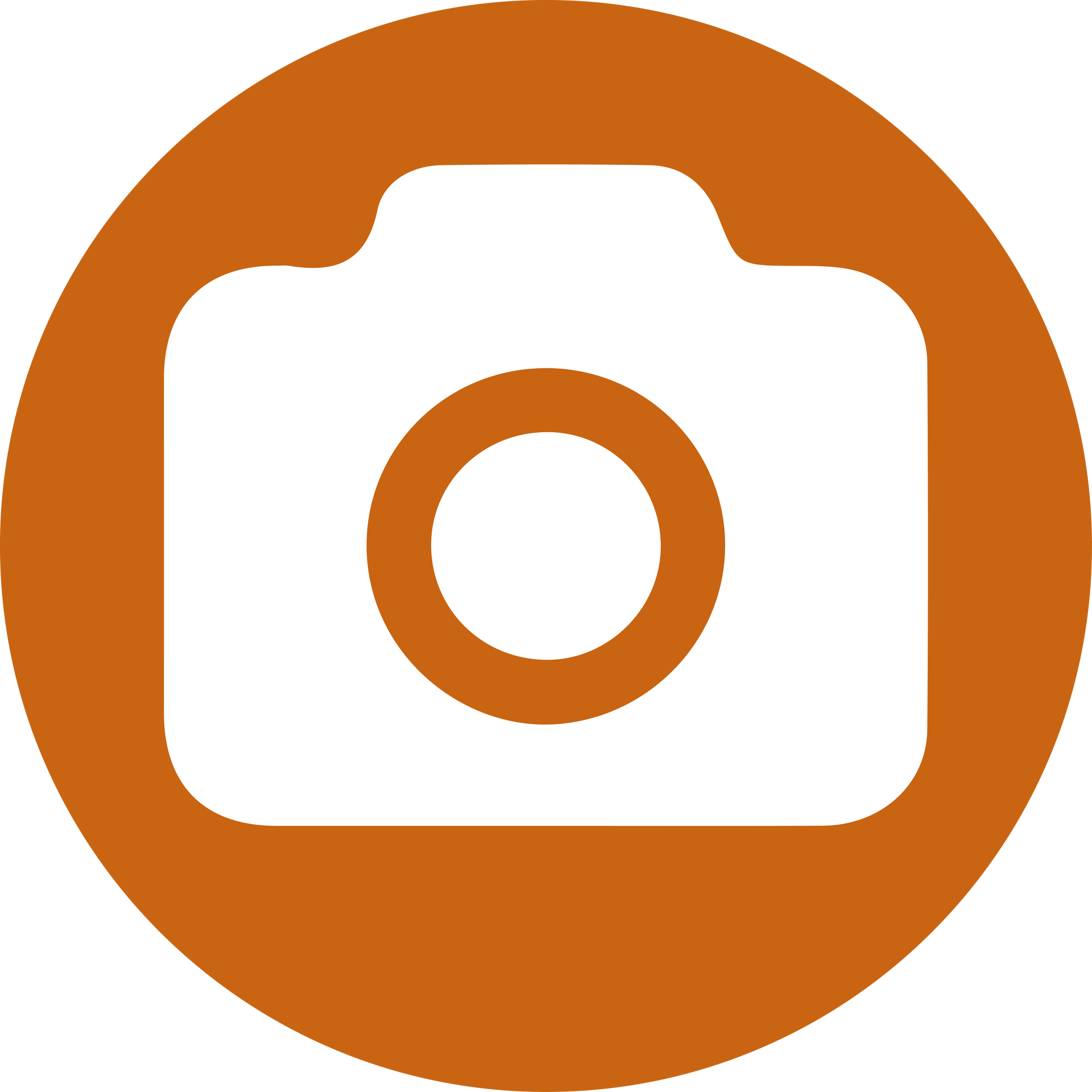 Icône d'appareil photo blanche dans un cercle orange brûlé.